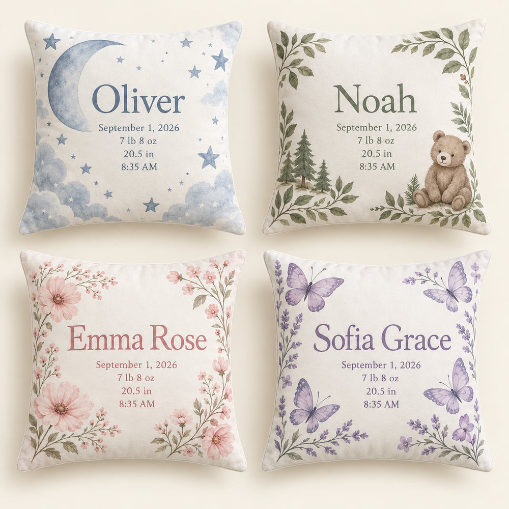 Four birth details pillow designs: Blue Moon, Woodland Bear, Blush Floral and Lavender Butterflies.
