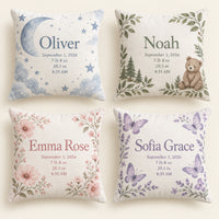 Four birth details pillow designs: Blue Moon, Woodland Bear, Blush Floral and Lavender Butterflies.