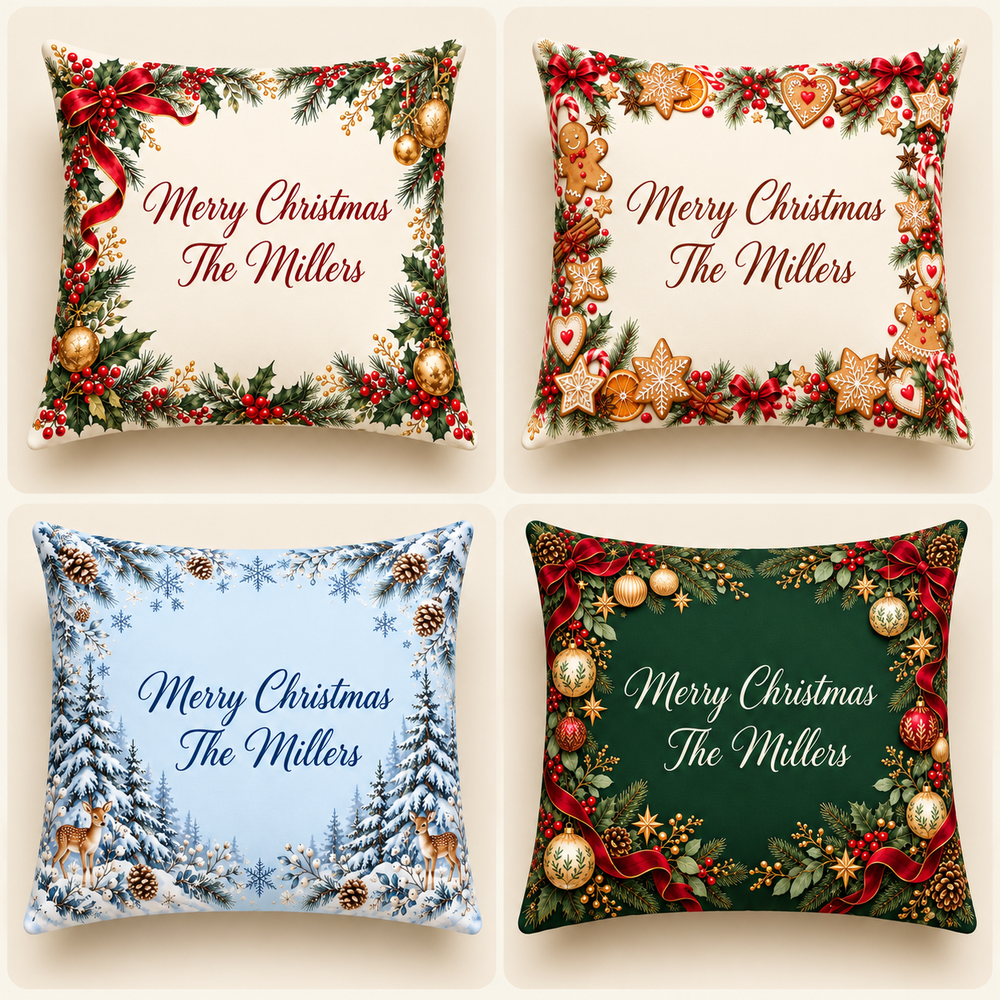 Four Christmas pillow designs in a matching square grid, with example Merry Christmas / The Millers personalization.