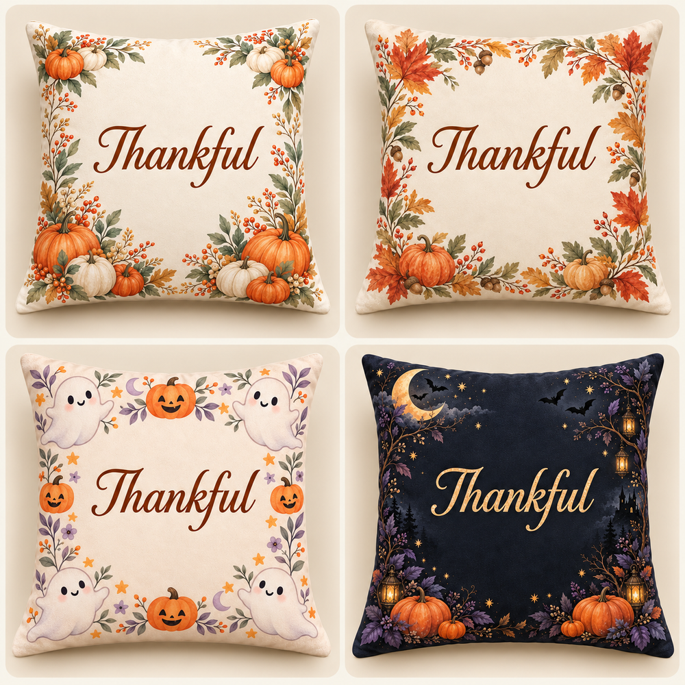 Four Fall and Halloween pillow designs in a square grid, with example Thankful personalization.