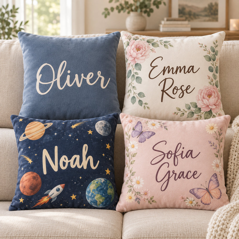 Four personalized name pillow designs: Oliver, Emma Rose, Noah and Sofia Grace.
